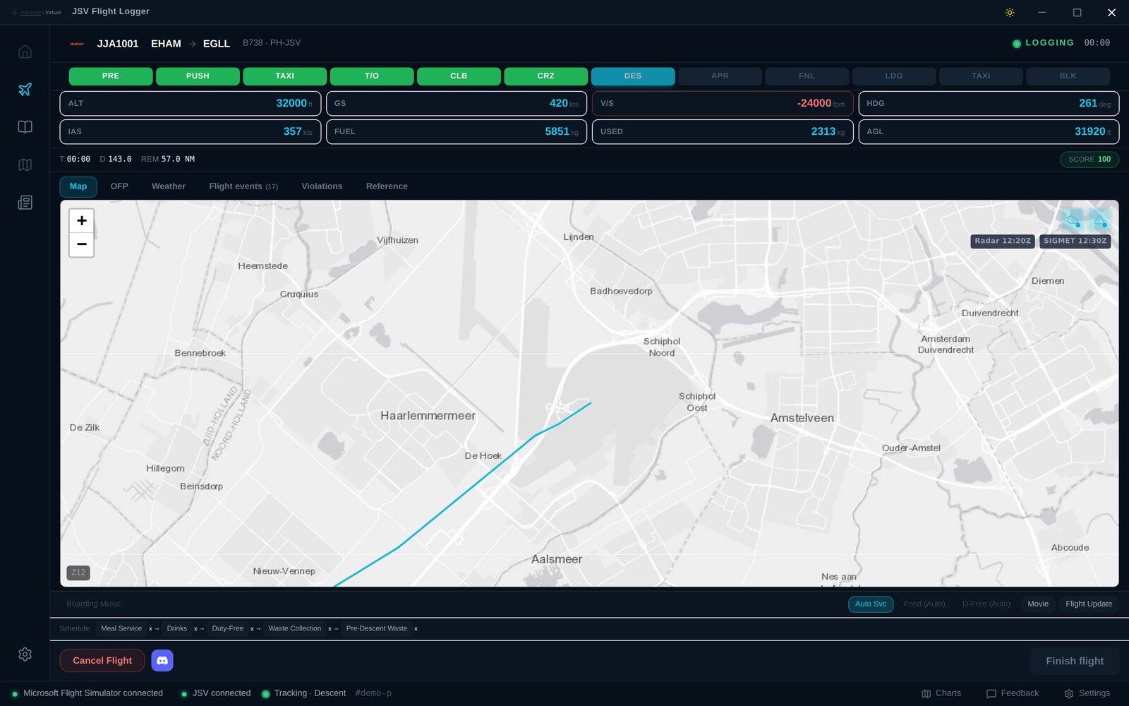 The JSV Flight Logger tracking a Boeing 737-800 from Amsterdam to London at FL320, showing altitude, speed, fuel and the flown track drawn on the map