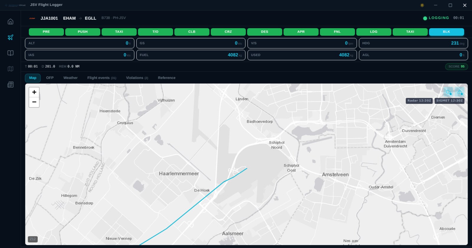 The Logger at the gate at London Heathrow with every flight phase from preflight to blocks marked complete, the full flown track on the map, block fuel used and a flight score of 95