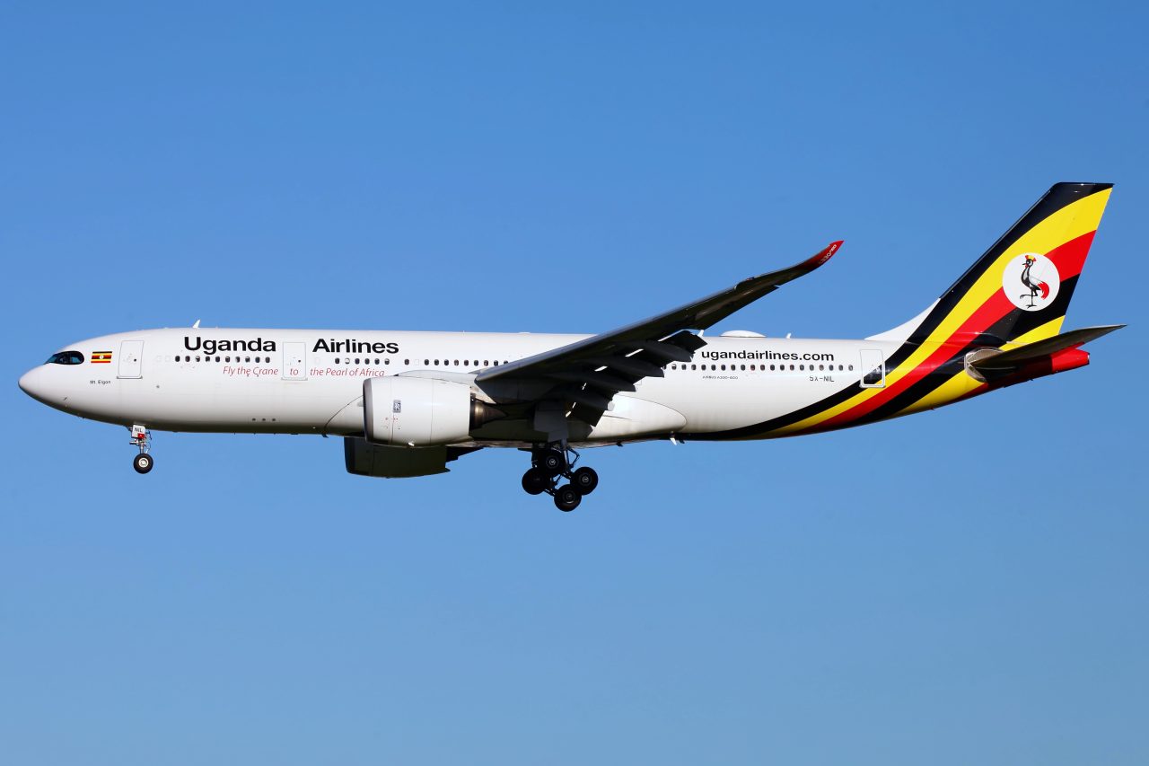 Uganda Airlines aircraft in current livery