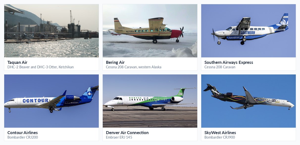Aircraft of Taquan Air, Bering Air, Southern Airways Express, Contour Airlines, Denver Air Connection and SkyWest Airlines