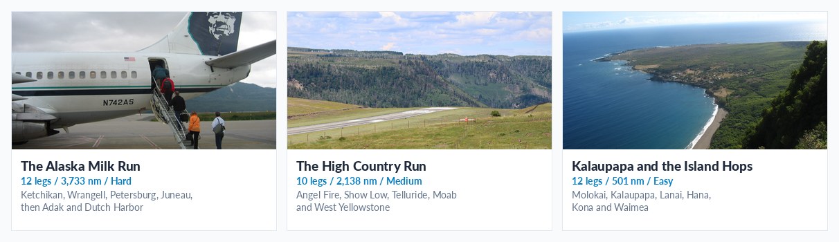 The three Essential Air Service tours: the Alaska Milk Run, the High Country Run, and Kalaupapa and the Island Hops